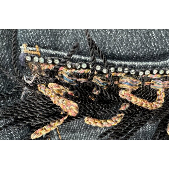 Y2K Parasuco Denim Jeans 31x33 Stretch Snap Open Flared Fringe Rhinestone Hippie - Picture 5 of 16